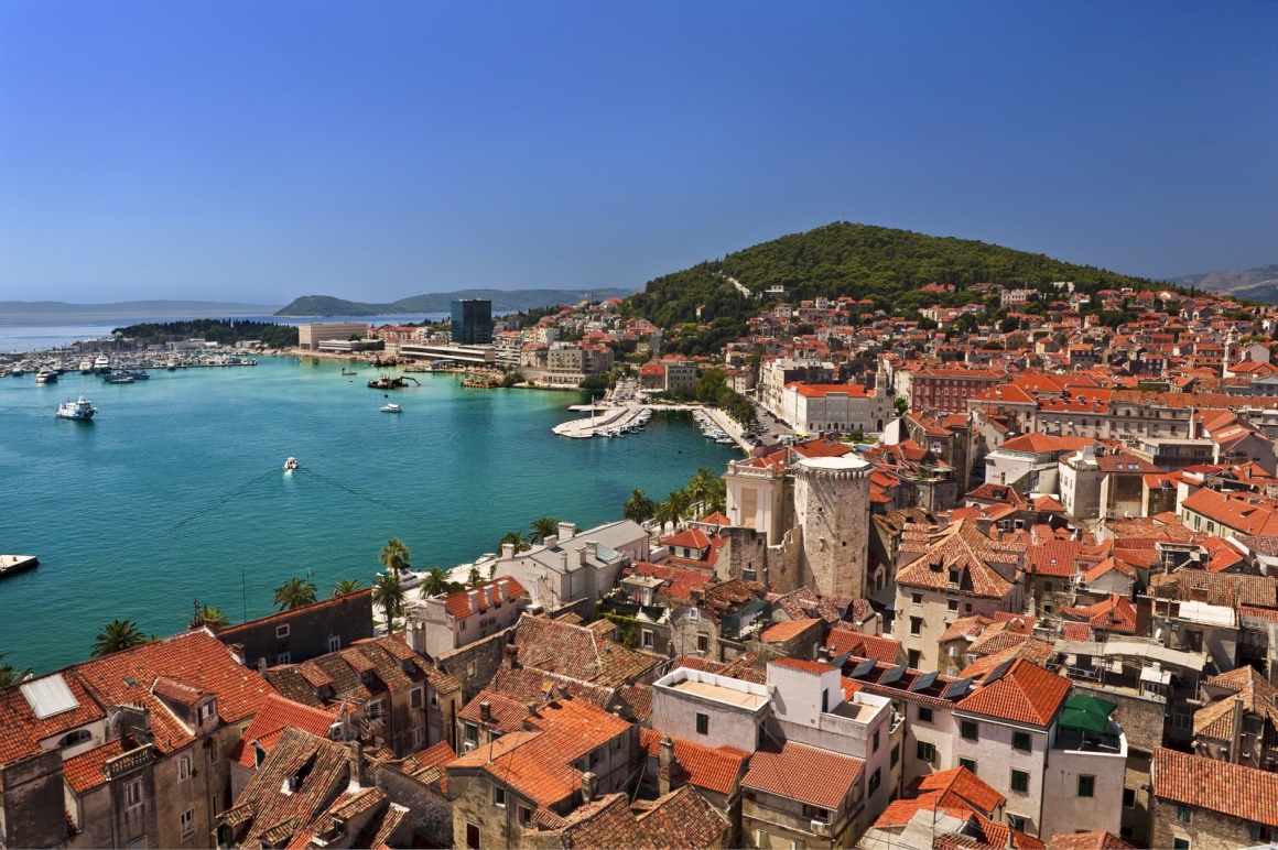 'Croatia. Dalmatia. General view on Split city - there is remains of the Diocletian's Palace in foreground (Historical Complex of Split with the Palace of Diocletian is on UNESCO World Heritage List)' - Spalato
